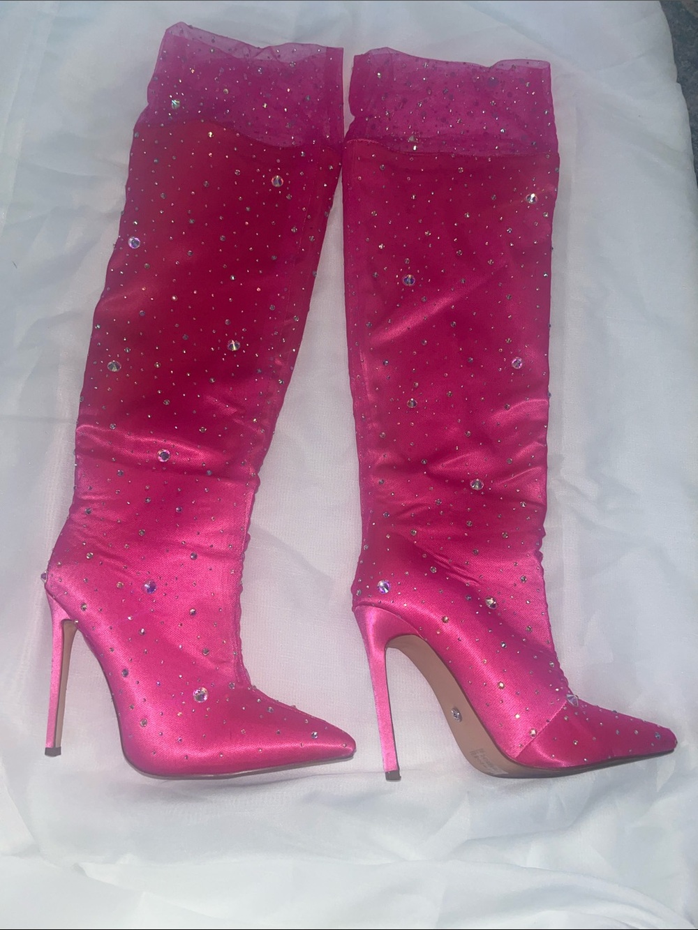Azalea Wang Hot Pink Barbie core Crystal-Embellished Stiletto Knee-High Boots